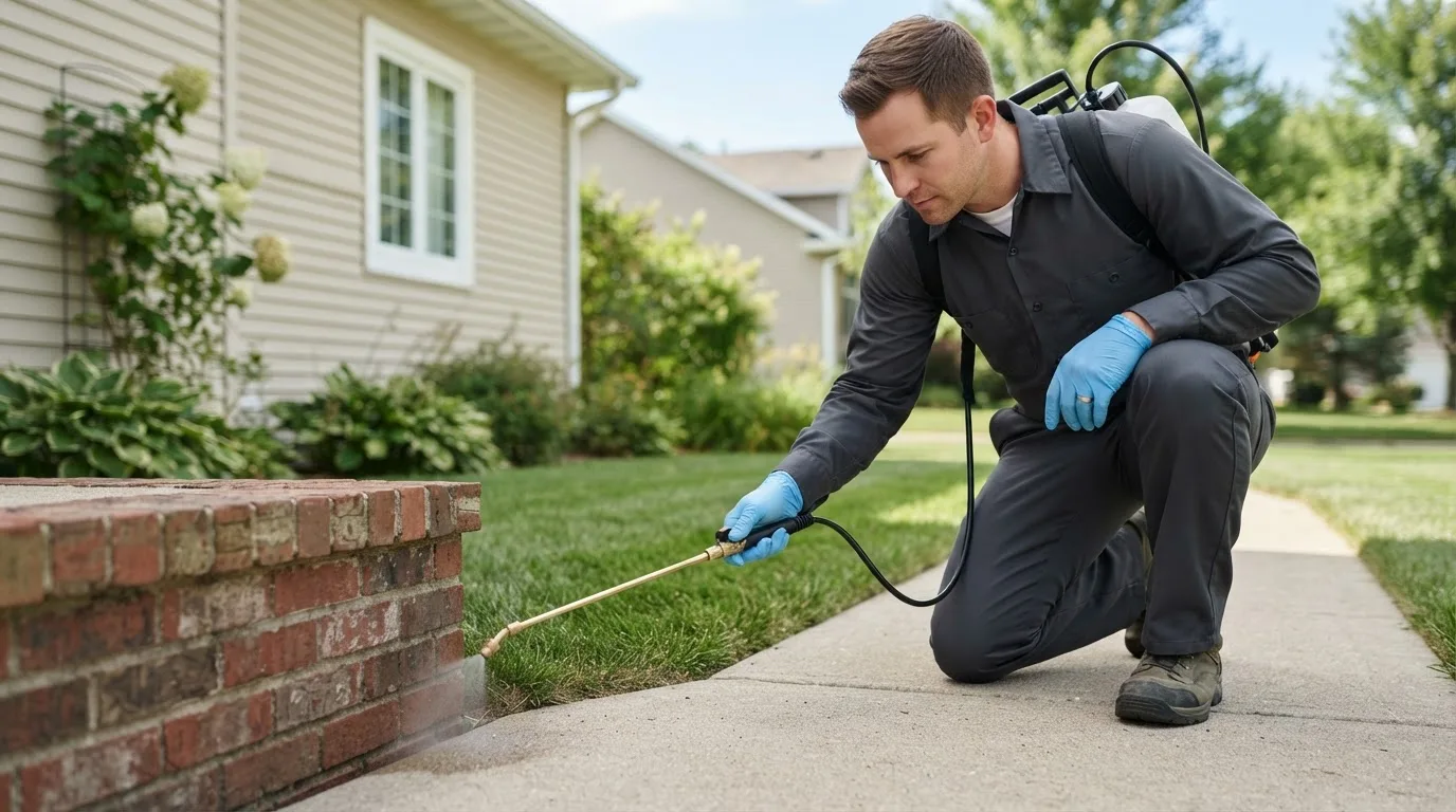 Pest control technician treating a home near House, NM